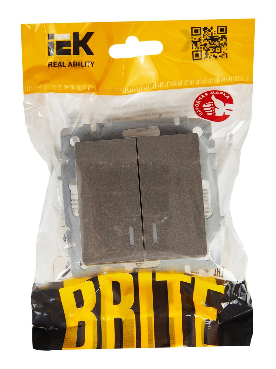 Выключатель IEK BRITE 2-клавишный с индикацией 10А ВС10-2-1-БрС сталь BR-V20-1-10-K46