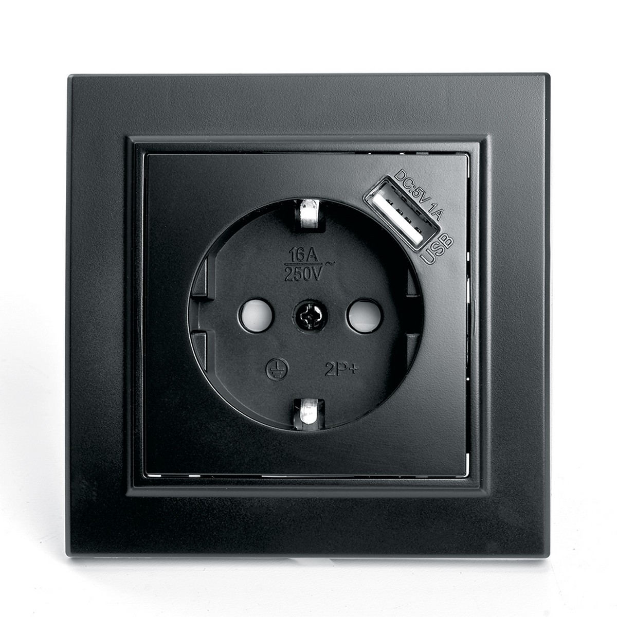 Розетка 1-местная c/з и с USB STEKKER PST16-9011-03 16А с защ. шторкой Эрна черный с рамкой 39480