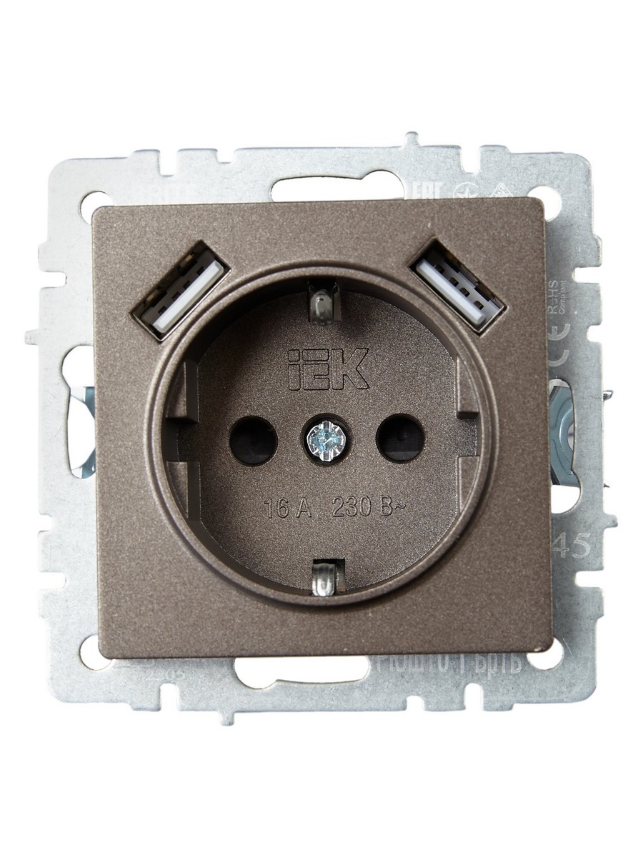 IEK Brite Бронза Розетка IEK BRITE с с/з и шторками 16А с USB A+A 2,1А РЮш10-1-БрТБ бронза BR-R14-16-U21-D21-K45