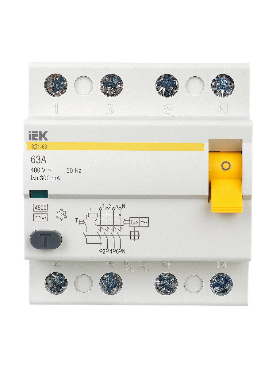 IEK Выключатель дифференциальный IEK KARAT ВД1-63 (УЗО) 4Р 63А 300мА MDV10-4-063-300 