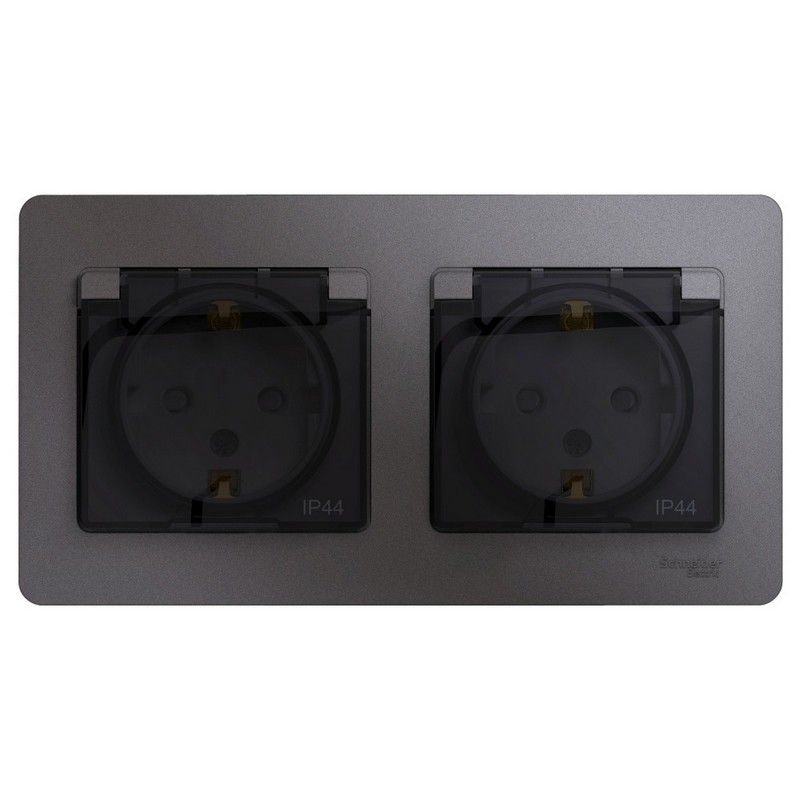 Розетка Systeme Electric Glossa Графит 2-ая с-з со шторками в сборе IP44 GSL001347