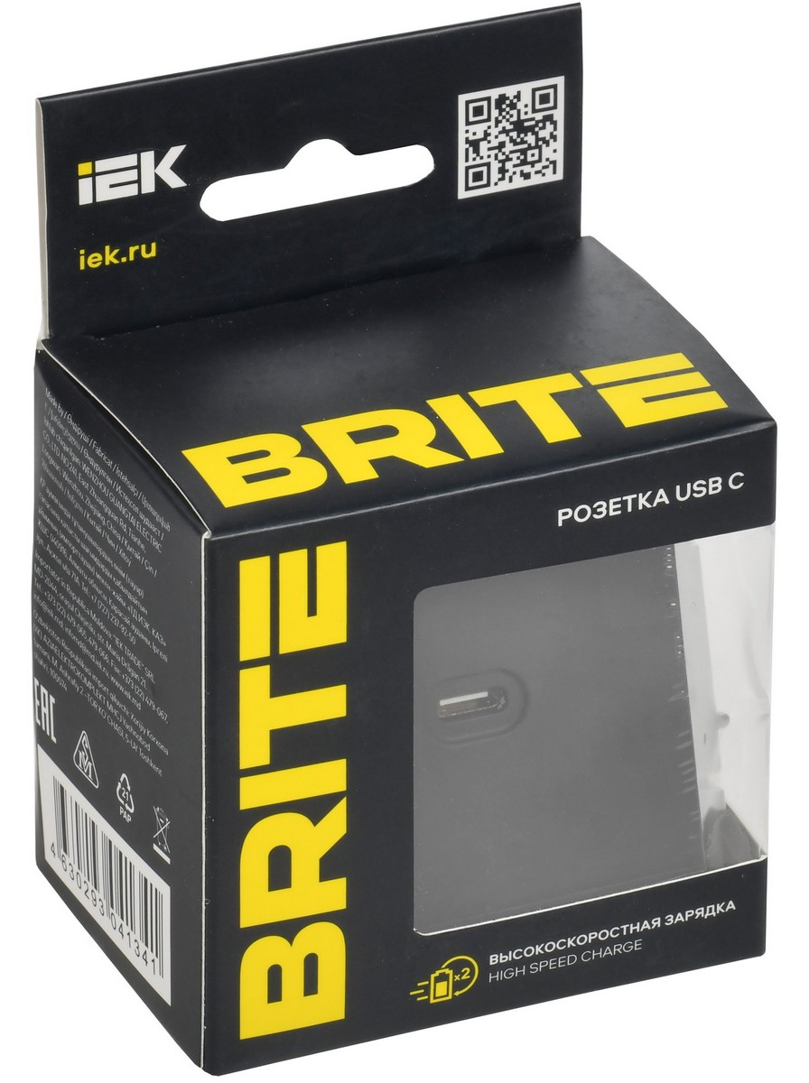 Розетка USB IEK BRITE C 65Вт высокоскор. зар. РЮ12-1-БрГ графит