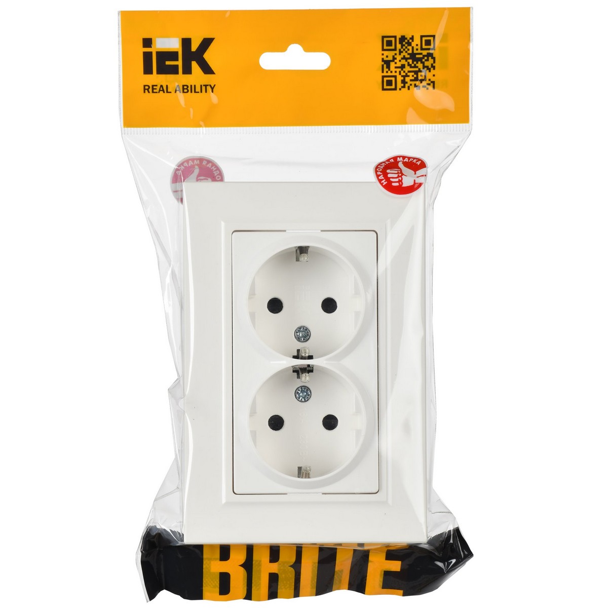 Розетка IEK BRITE 2-ая с/з с шторками 16А в сборе РСш12-3-БрБ белый BR-R24-16-K01-F