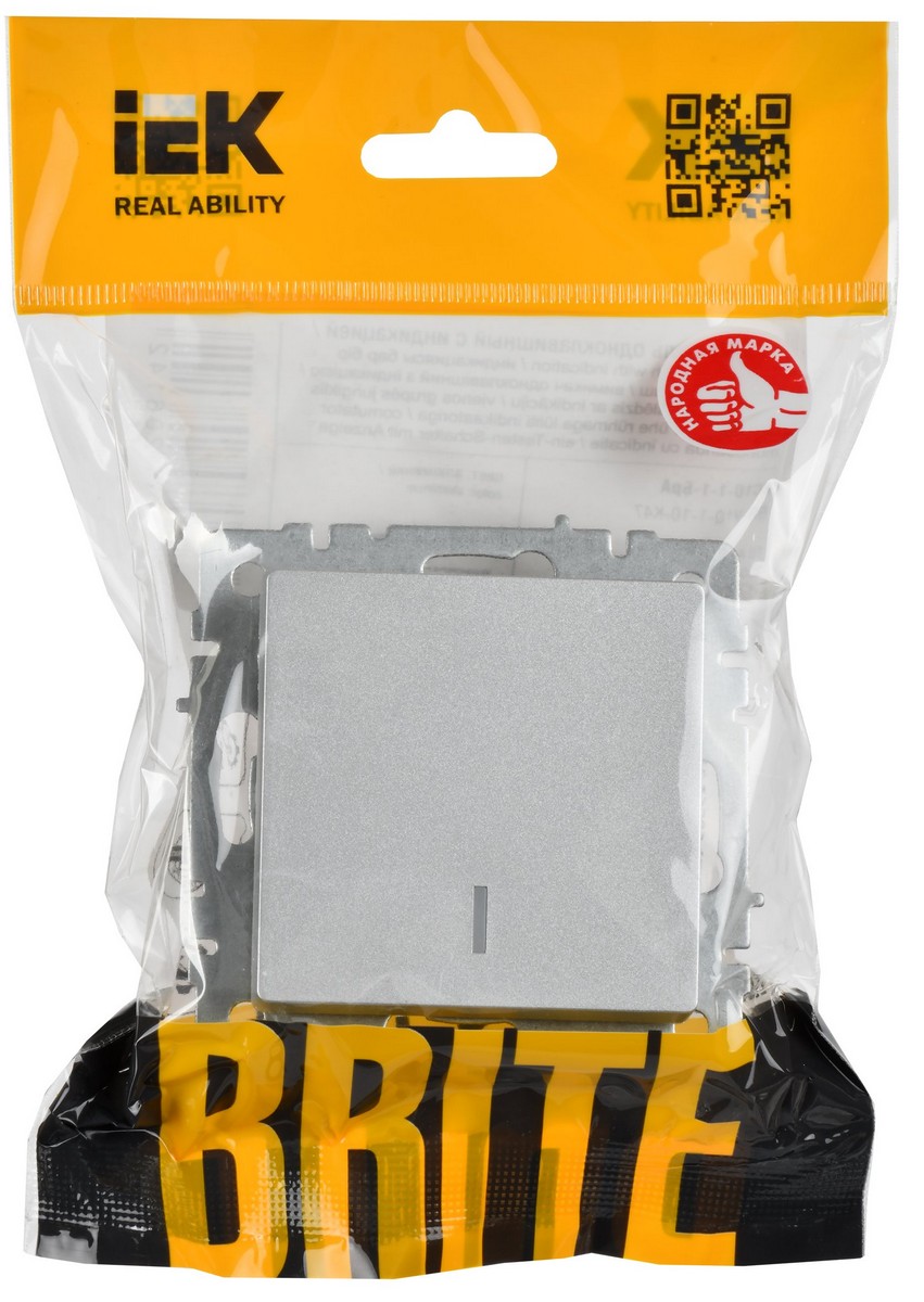 Выключатель IEK BRITE 1-клавишный с индикацией 10А ВС10-1-1-БрА алюминий BR-V10-1-10-K47