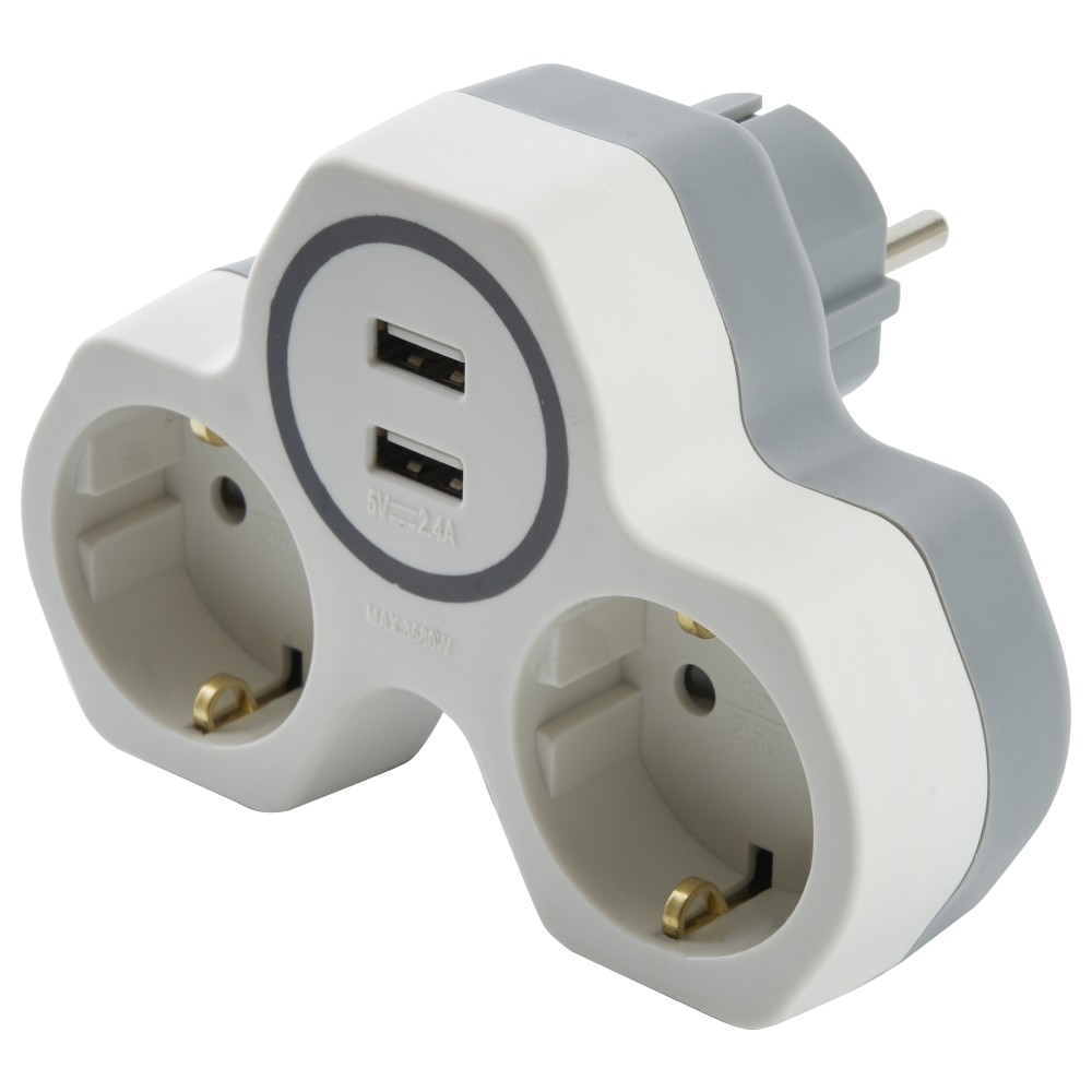 Разветвитель сетевой 2-местный с/з STEKKER ADP16-14-20 250V 16A и 2-мя USB выходами на 24А огнеустойчивый пластик белый/серый 32872