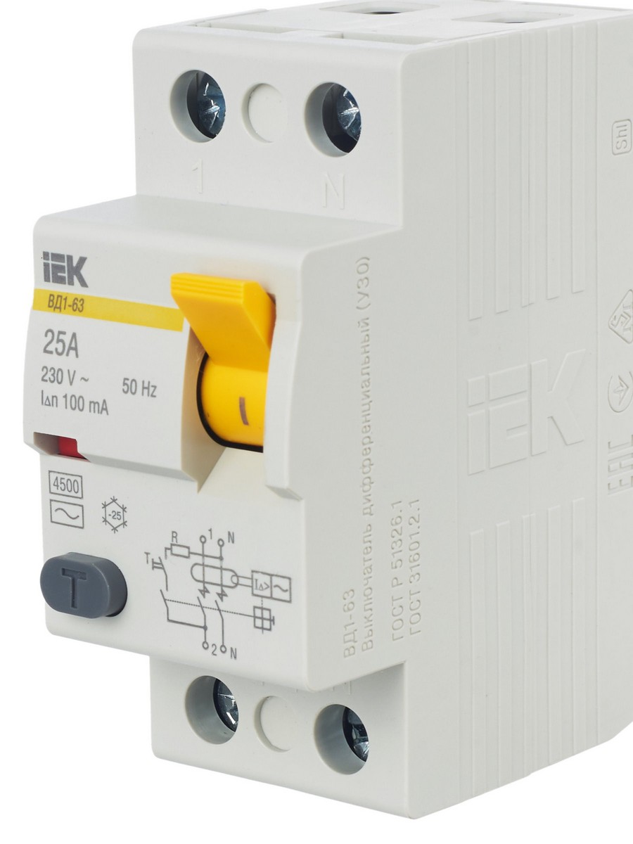 IEK Выключатель дифференциальный IEK KARAT ВД1-63 (УЗО) 2Р 25А 100мА MDV10-2-025-100 