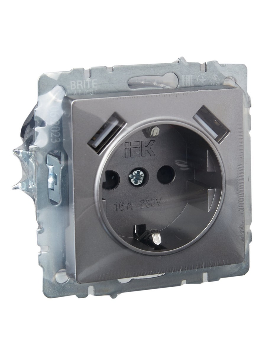 IEK Brite Сталь Розетка IEK BRITE с с/з и шторками 16А с USB A+A 2,1А РЮш10-1-БрС сталь BR-R14-16-U21-D21-K46