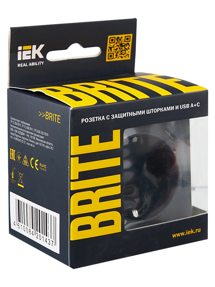 Розетка IEK BRITE с с/з и шторками 16А с USB A+C 18Вт РЮш11-1-БрГ графит BR-R14-16-U22-018-K53