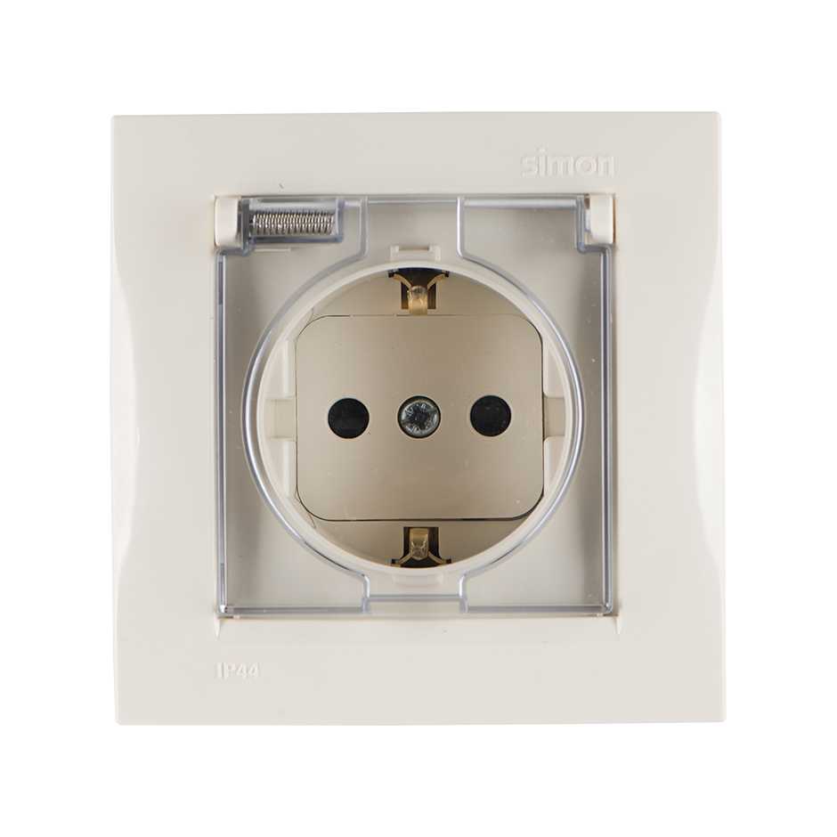Розетка с/з Simon 15 Бежевая с крышкой с защитными шторками IP44 (в сборе с рамкой) 1590450-031
