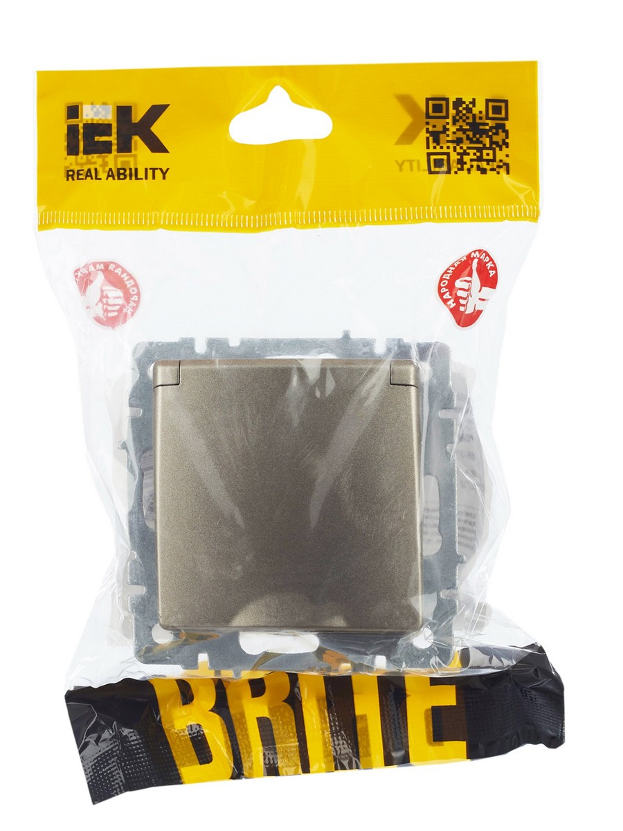 Розетка IEK BRITE с/з с шторками и крышкой 16А IP44 РСбш10-3-44-БрШ шампань BR-R16-16-44-K37