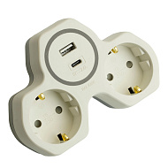 Разветвитель сетевой 2-местный с/з STEKKER ADP16-15-20 и USB+Type C на 2.4А белый/серый 50071